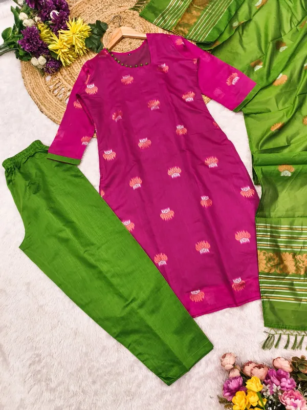 Elegant Pink and  Green Kanchi Cotton Kurta Set with Traditional Dupatta