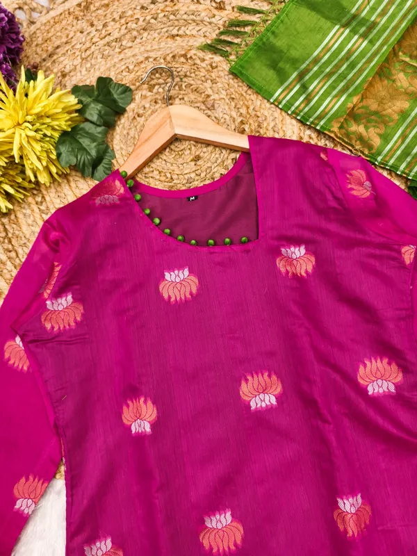 Elegant Pink and  Green Kanchi Cotton Kurta Set with Traditional Dupatta