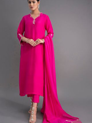 Premium Rani Pink Straight Kurta with Dupatta Set