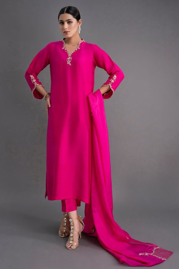Premium Rani Pink Straight Kurta with Dupatta Set