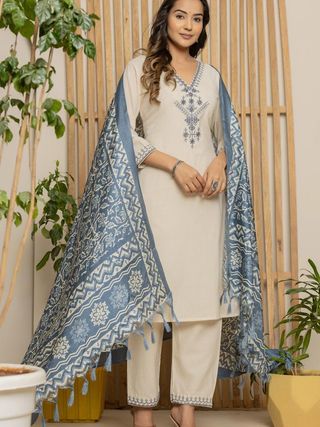 Cream Khadi Cotton Straight Kurta Set with Dupatta