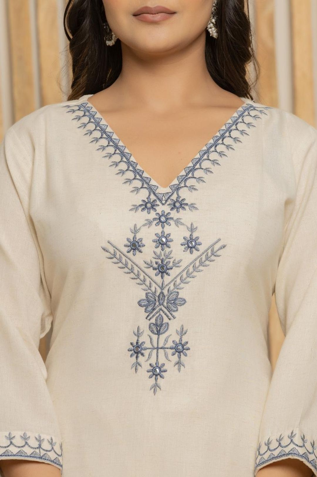Cream Khadi Cotton Straight Kurta Set with Dupatta