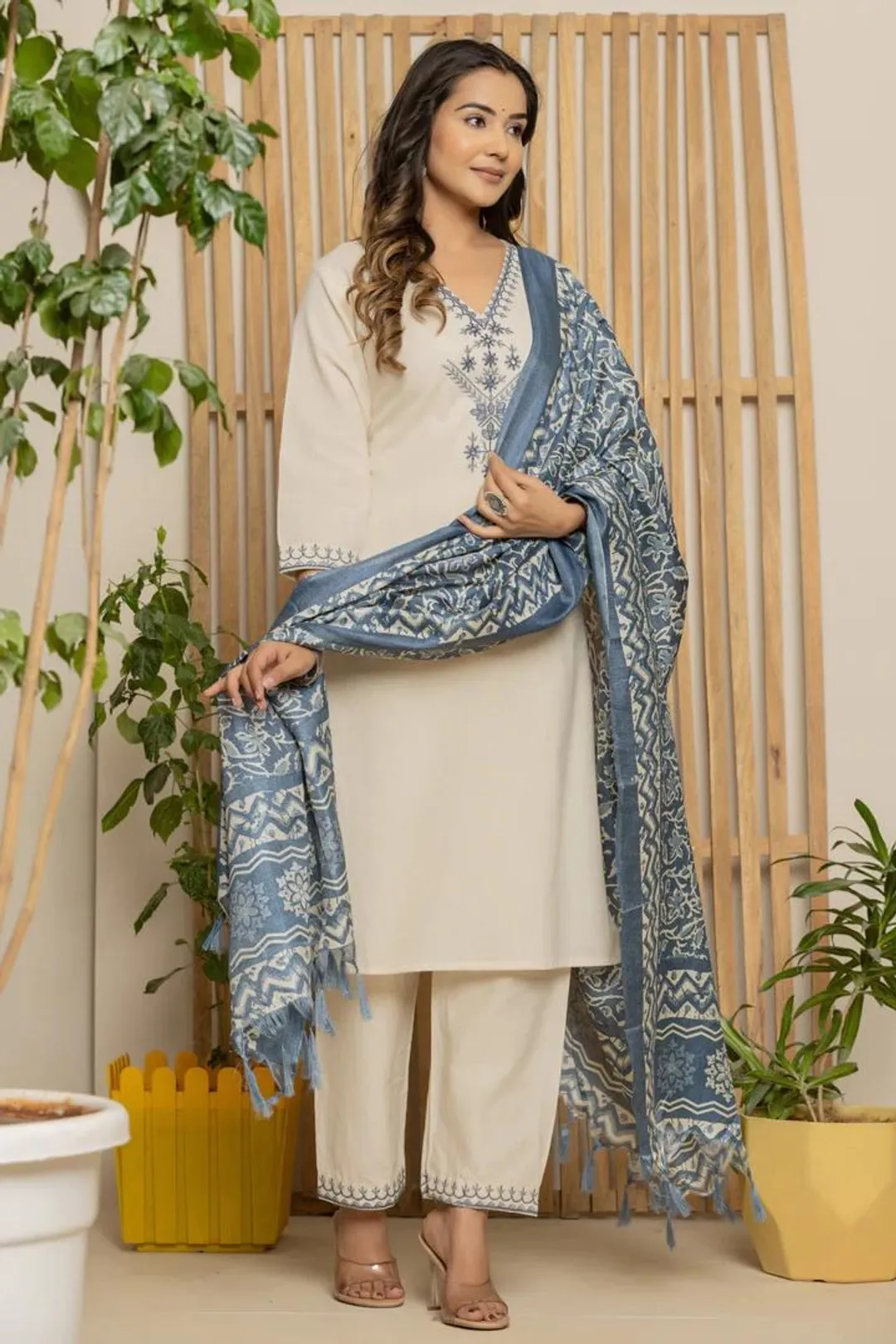 Cream Khadi Cotton Straight Kurta Set with Dupatta