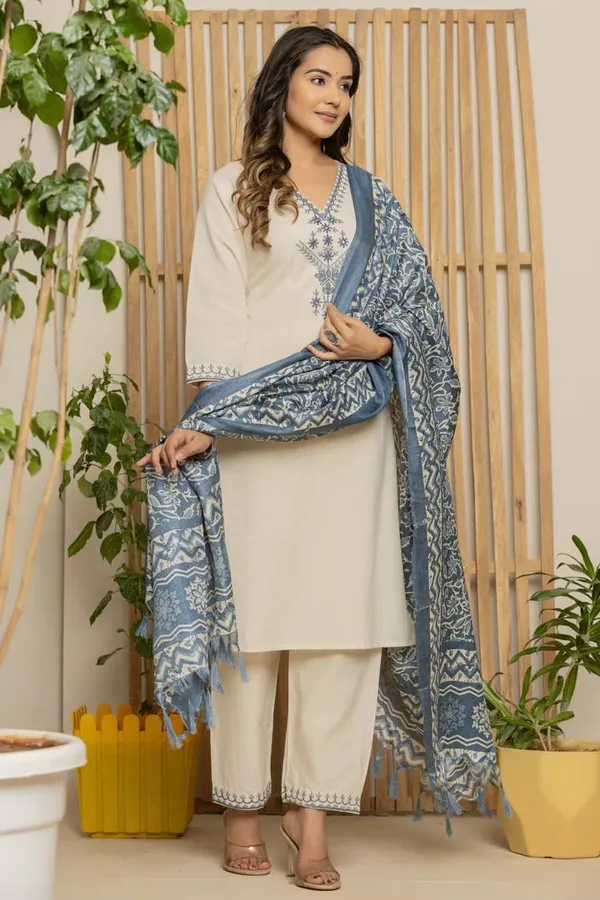 Cream Khadi Cotton Straight Kurta Set with Dupatta
