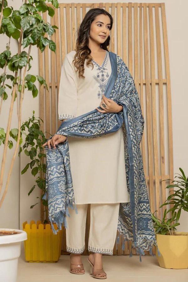 Cream Khadi Cotton Straight Kurta Set with Dupatta
