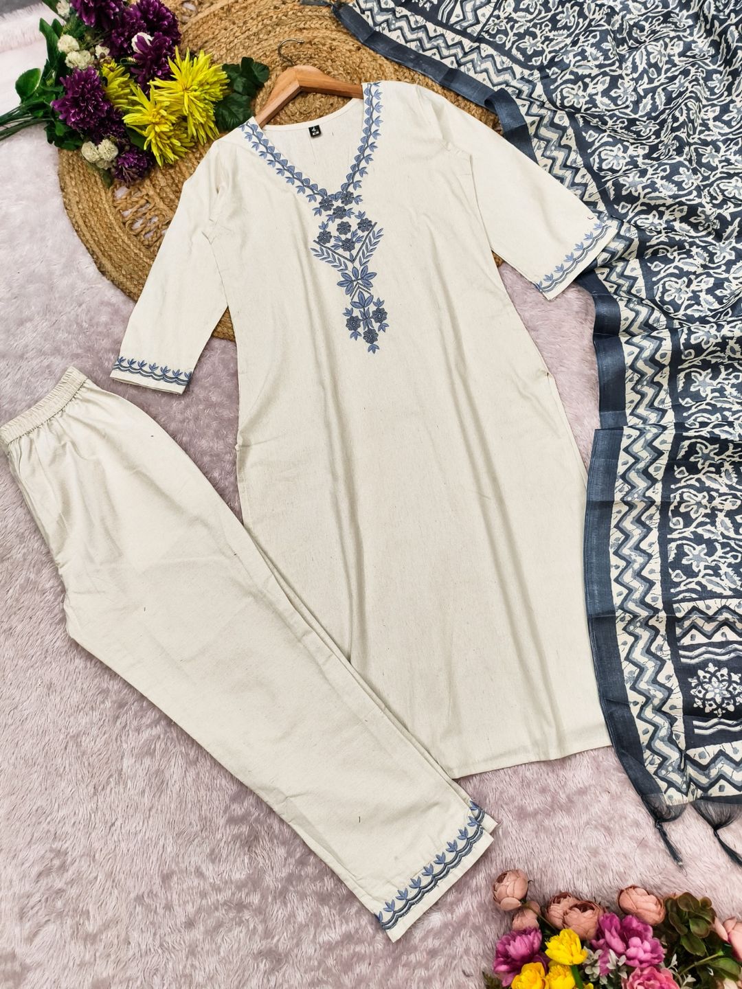 Cream Khadi Cotton Straight Kurta Set with Dupatta