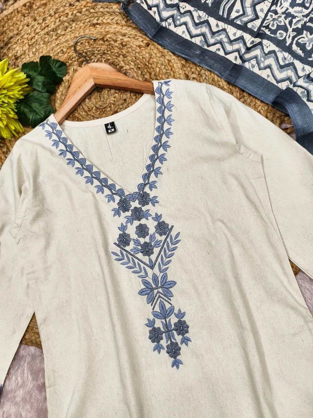 Cream Khadi Cotton Straight Kurta Set with Dupatta