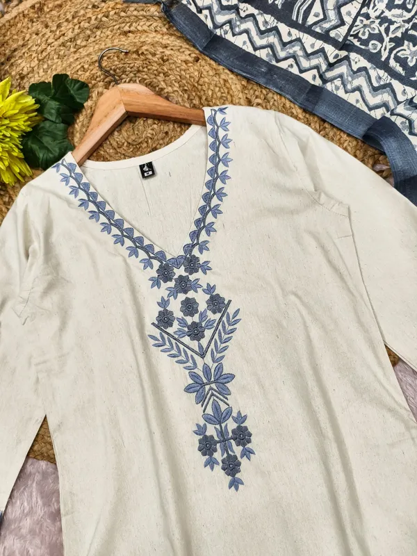 Cream Khadi Cotton Straight Kurta Set with Dupatta