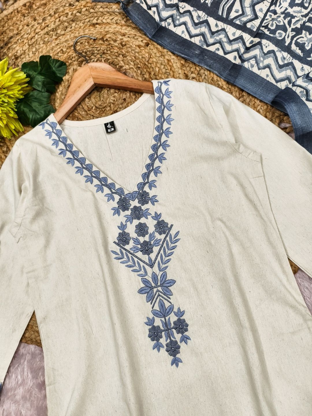 Cream Khadi Cotton Straight Kurta Set with Dupatta