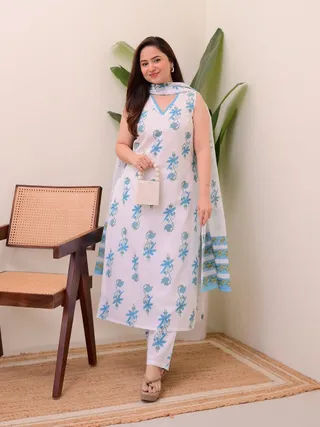 White Blue Printed Cotton Kurta Pant Dupatta Set