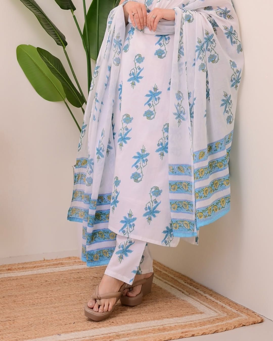 White Blue Printed Cotton Kurta Pant Dupatta Set