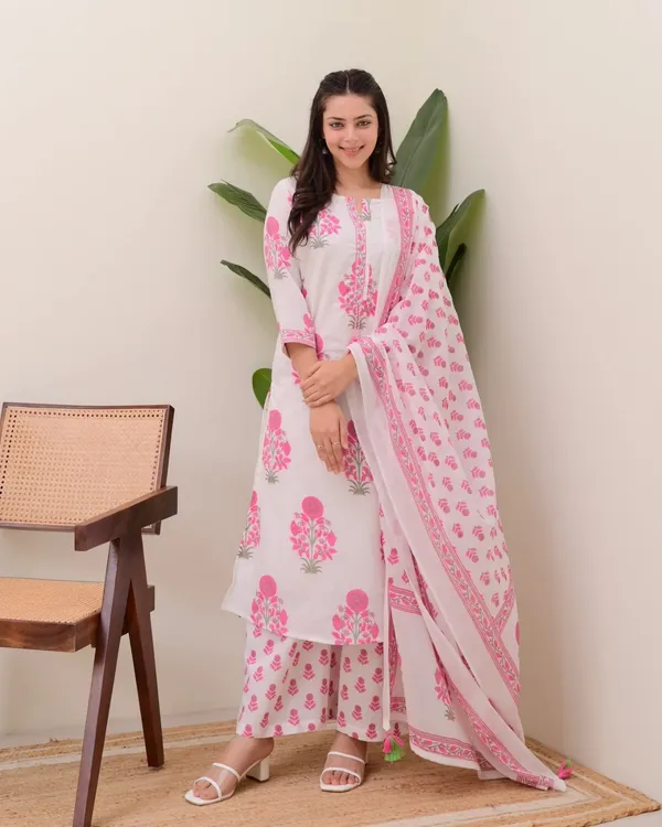 Designer Pink Floral Kurta Set with Muslin Dupatta
