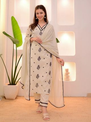 Festive Wear Cream Embroidered Kurta Set