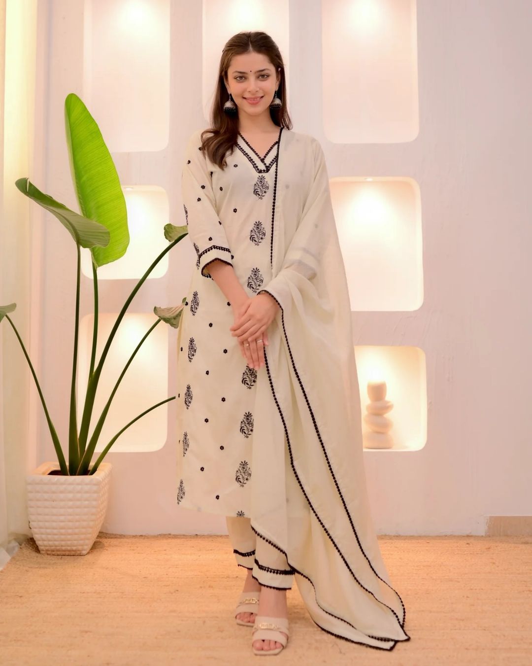 Festive Wear Cream Embroidered Kurta Set