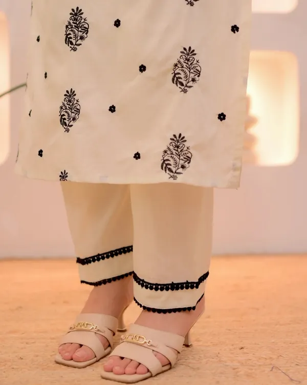 Festive Wear Cream Embroidered Kurta Set