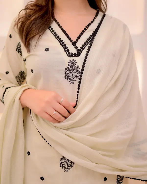 Festive Wear Cream Embroidered Kurta Set