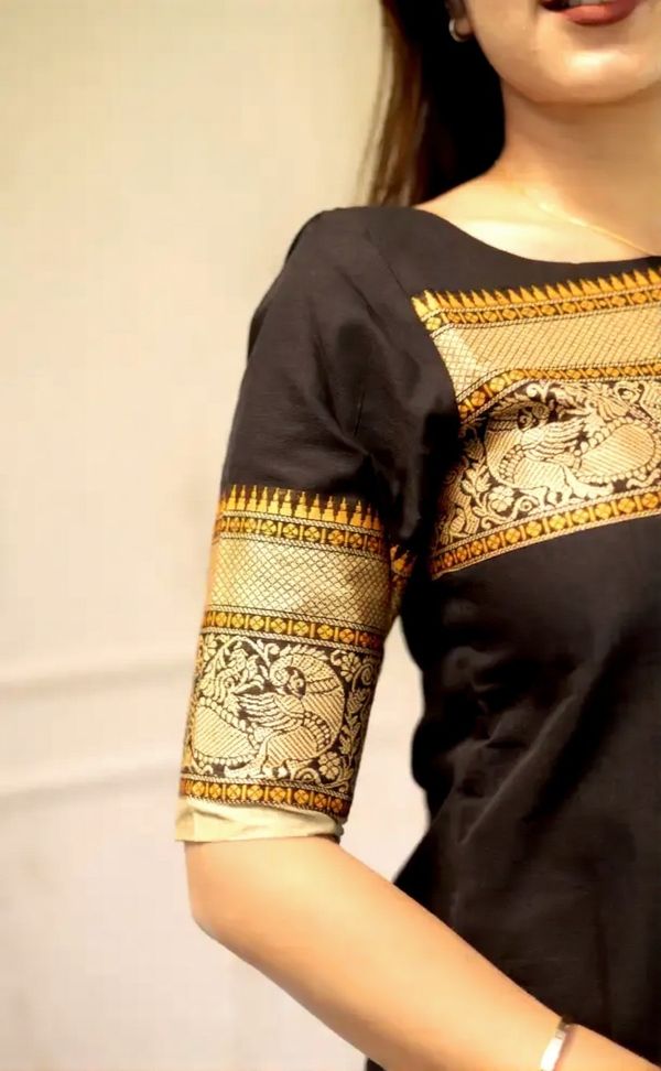 Black Kanchi Cotton Jacquard Kurti with Woven Dupatta Set