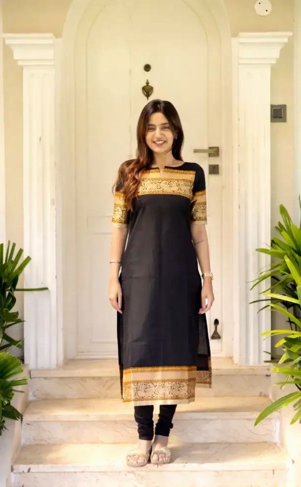 Black Kanchi Cotton Jacquard Kurti with Woven Dupatta Set