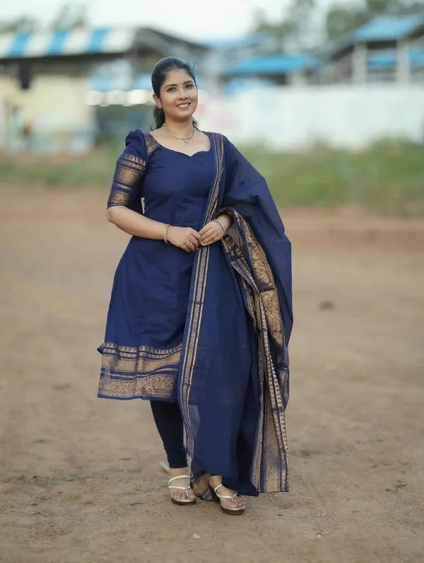 Blue Kanchi Cotton Jacquard Kurti with Elegant Dupatta