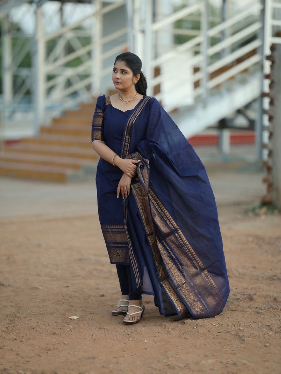 Blue Kanchi Cotton Jacquard Kurti with Elegant Dupatta