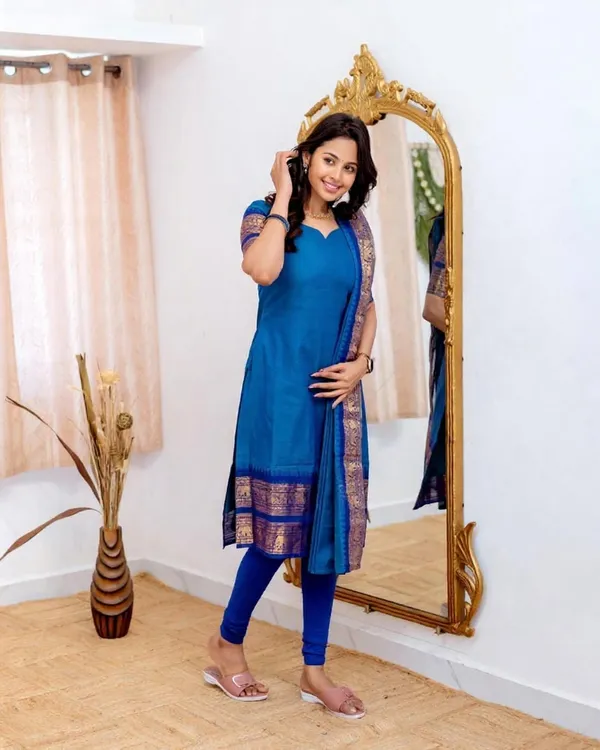 Blue Ethnic Cotton Kurti Set with Zari Work