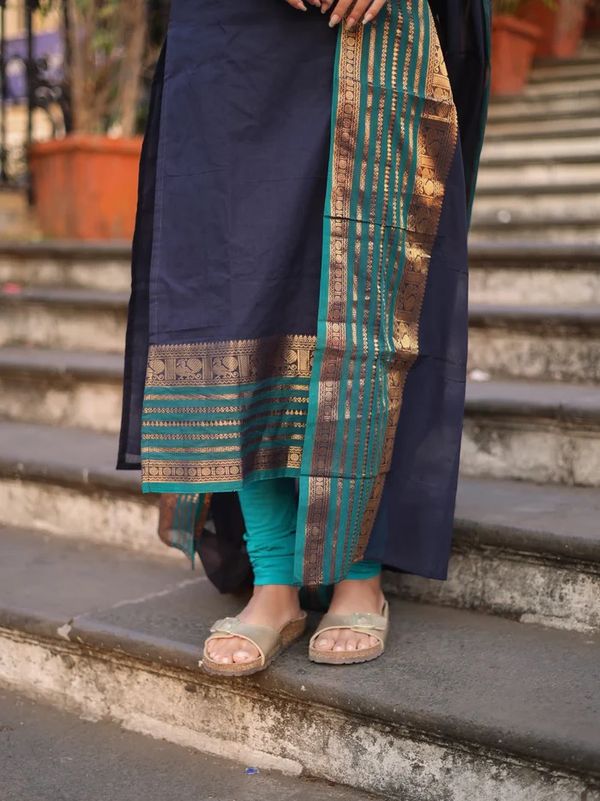 Navy Kanchi Cotton Kurti Set with Woven Dupatta