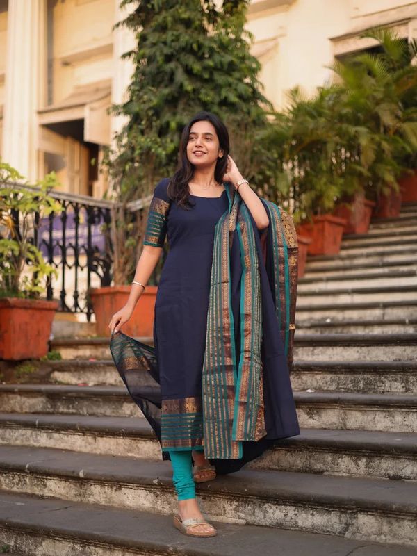 Navy Kanchi Cotton Kurti Set with Woven Dupatta