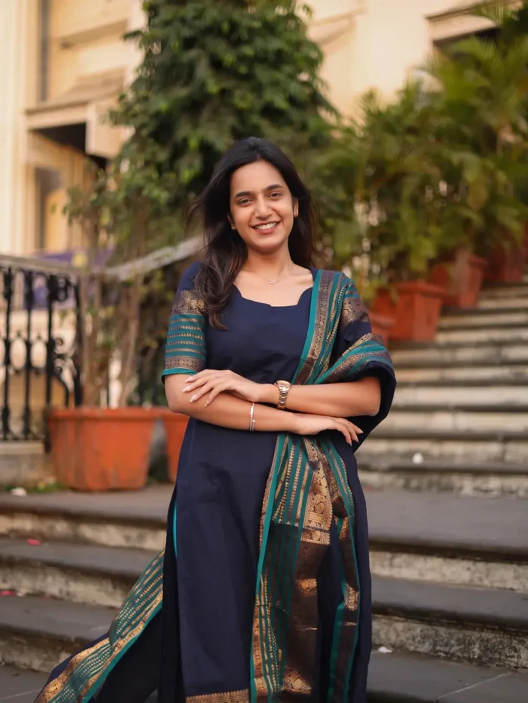 Navy Kanchi Cotton Kurti Set with Woven Dupatta