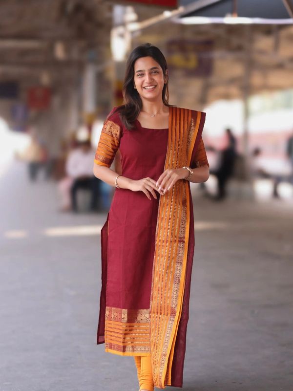 Classic Maroon Woven Kurti Set for Women