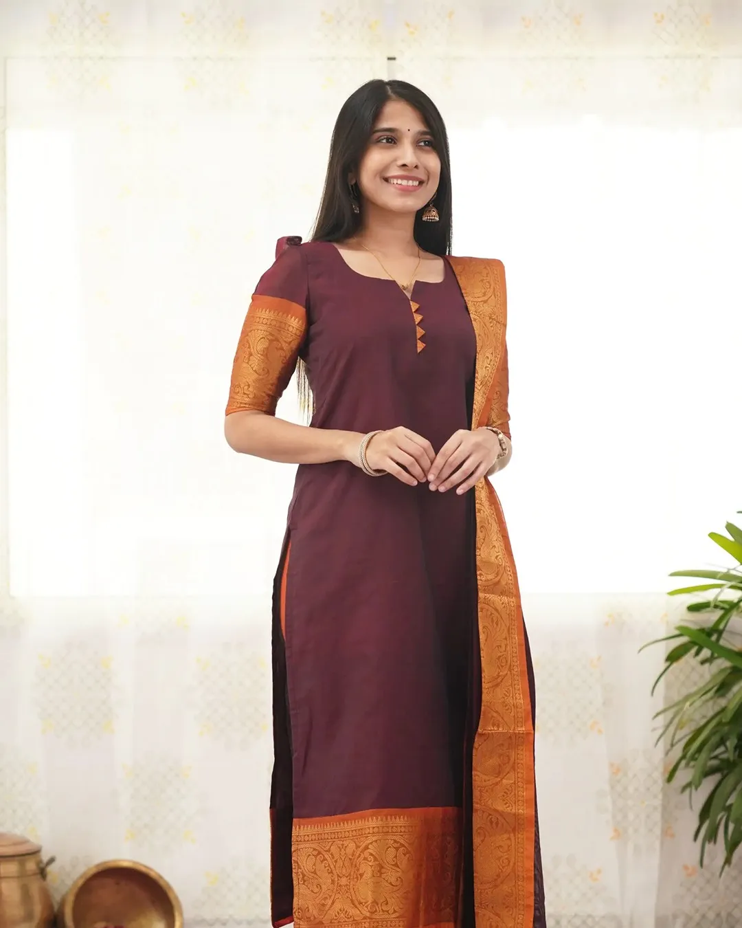 Maroon Heritage Weave Kurti Dupatta Set