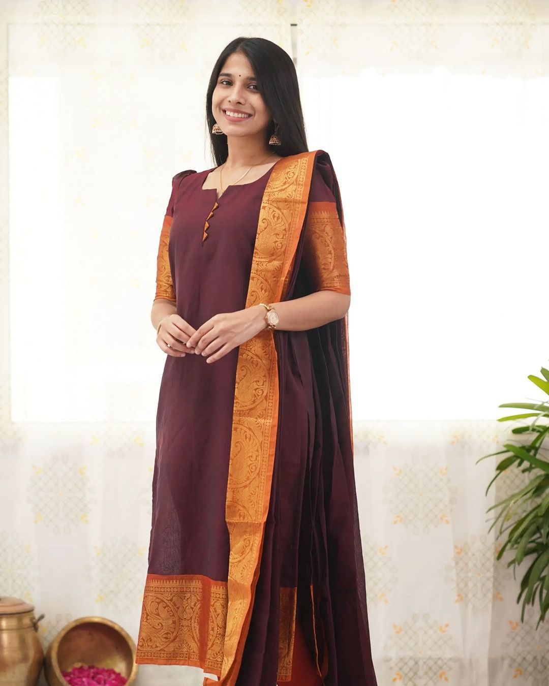 Maroon Heritage Weave Kurti Dupatta Set