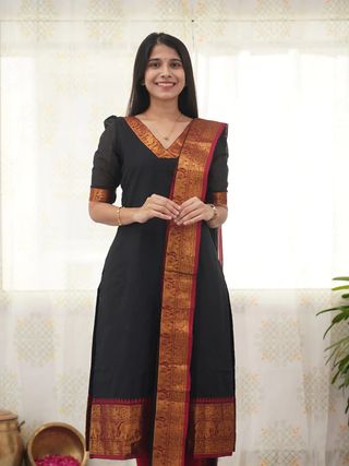 Black Heritage Weave Kurti Dupatta Set