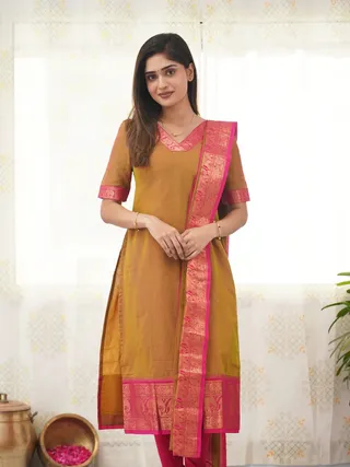 Mustard Kanchi Cotton Kurti Set with Zari Dupatta