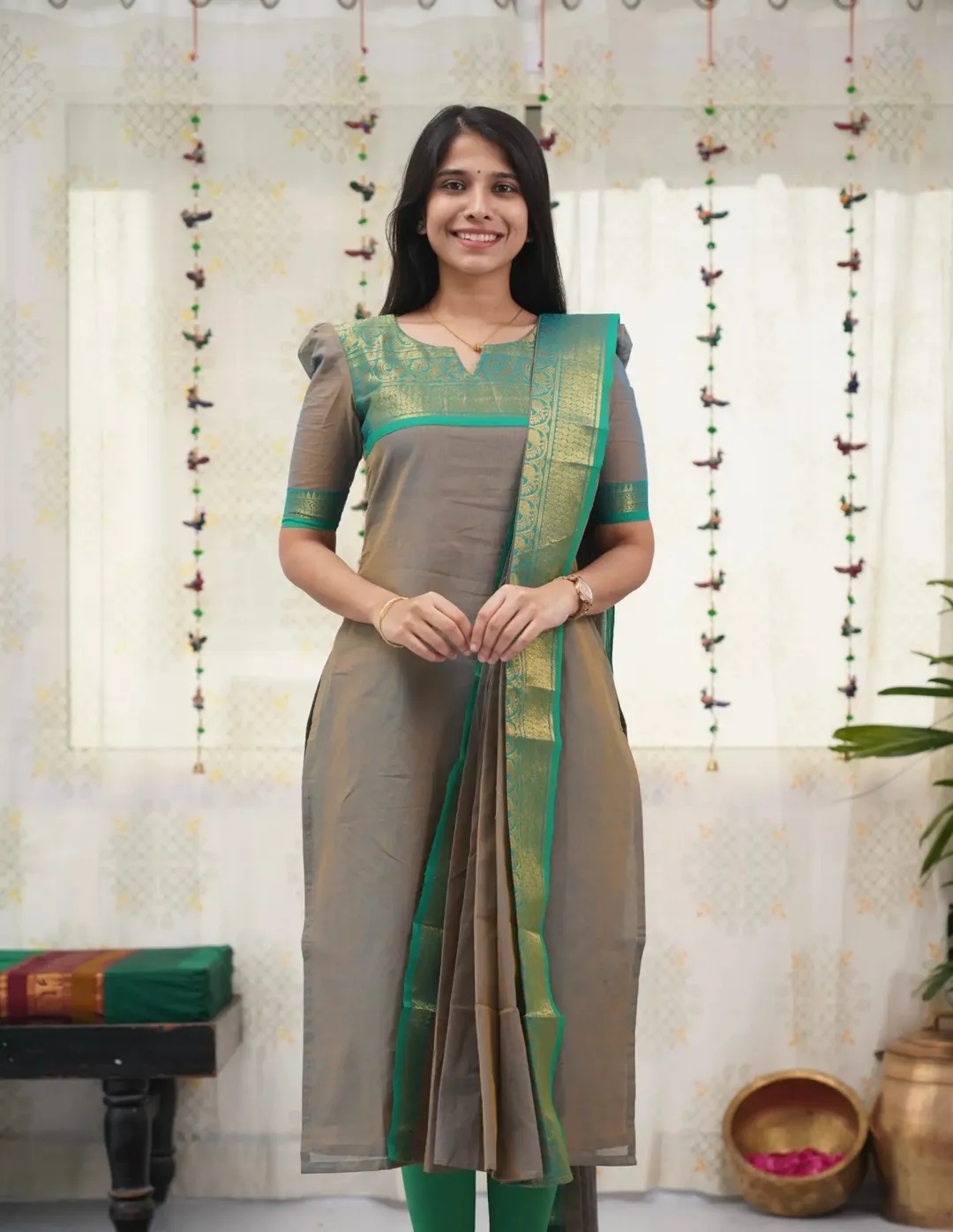 Elegant Grey Zari Weave Kurti with Dupatta Set