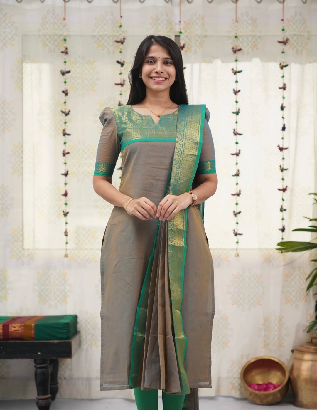 Elegant Grey Zari Weave Kurti with Dupatta Set