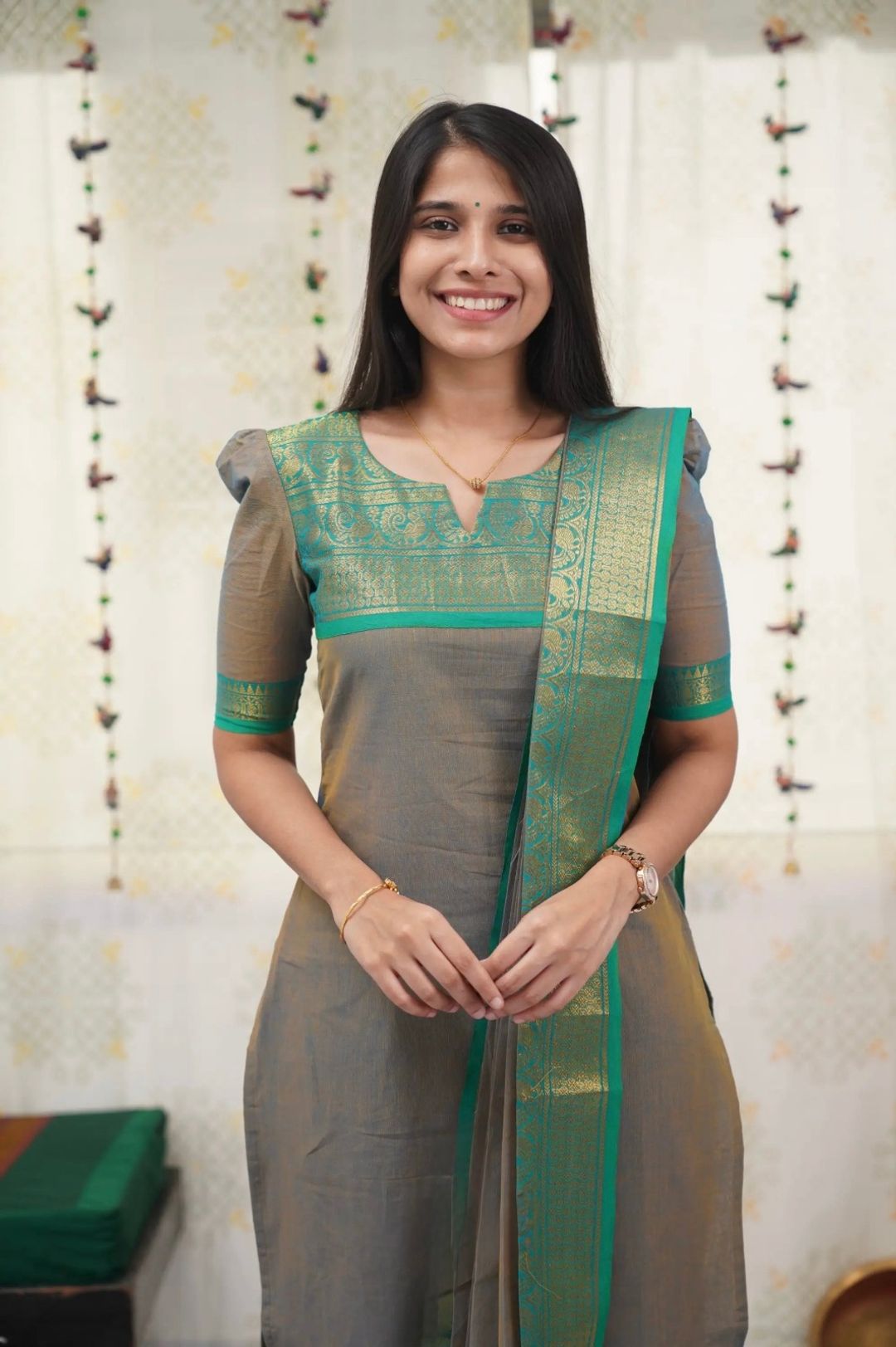 Elegant Grey Zari Weave Kurti with Dupatta Set