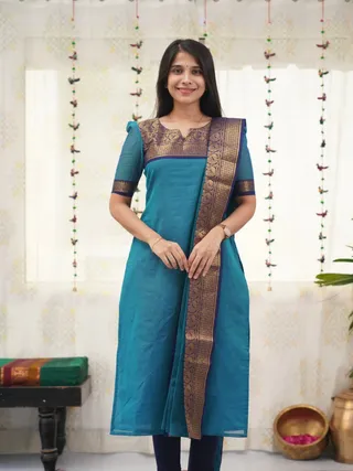 Firoji Zari Woven Kanchi Cotton Kurti Dupatta Set