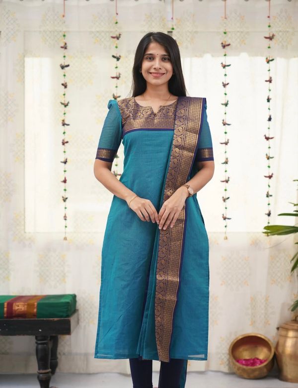 Firoji Zari Woven Kanchi Cotton Kurti Dupatta Set