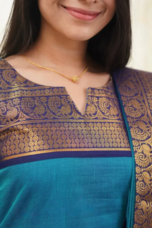 Firoji Zari Woven Kanchi Cotton Kurti Dupatta Set