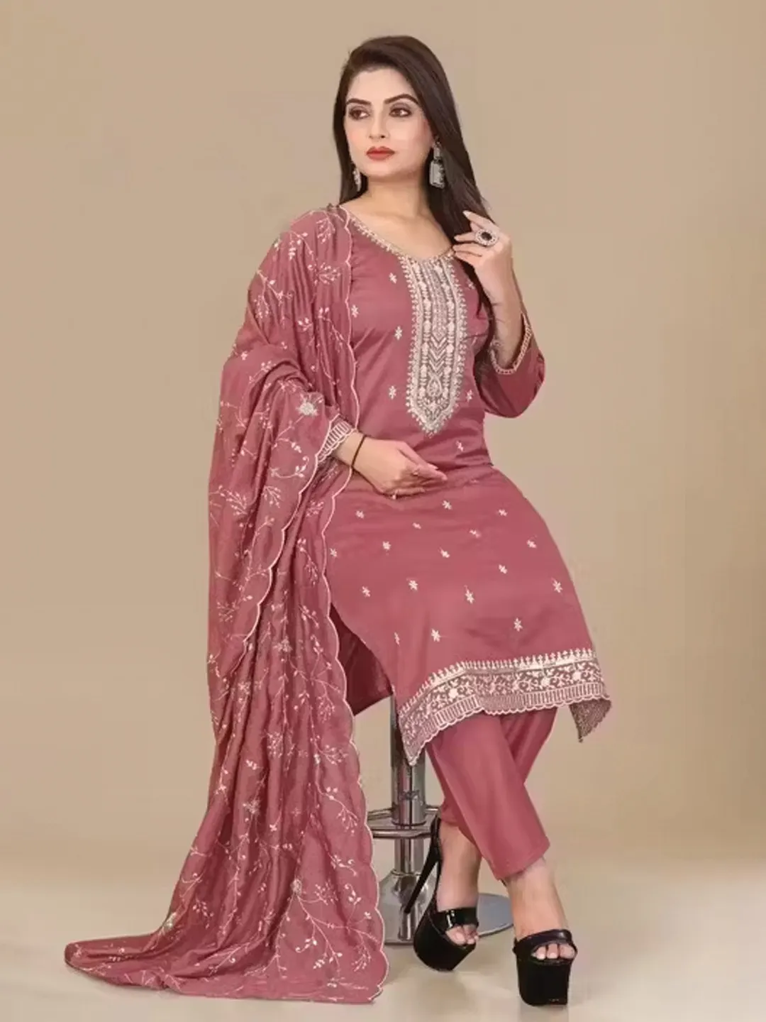 Maroon Embroidered Jalpari Kurta Pant Dupatta Set