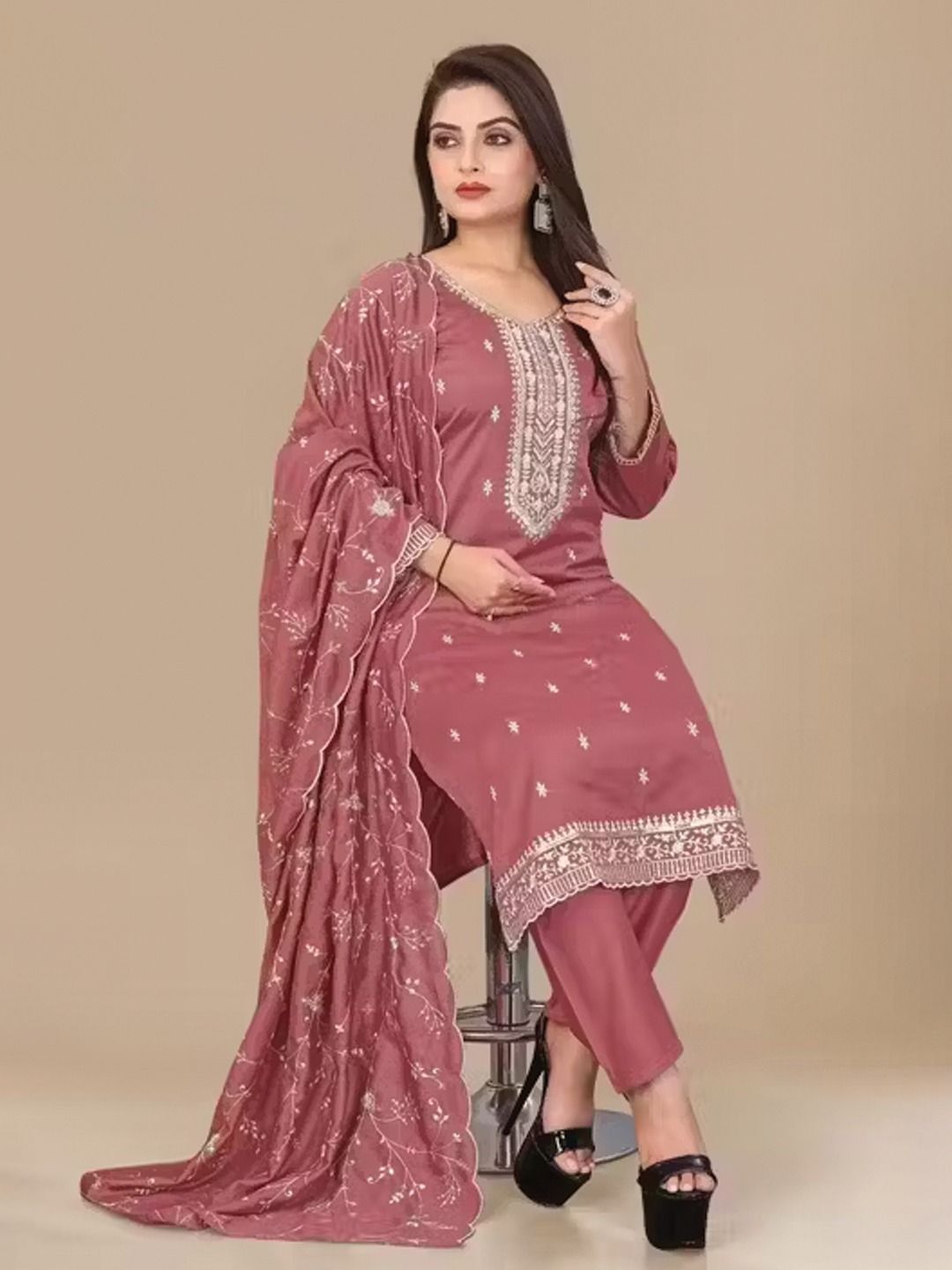 Maroon Embroidered Jalpari Kurta Pant Dupatta Set