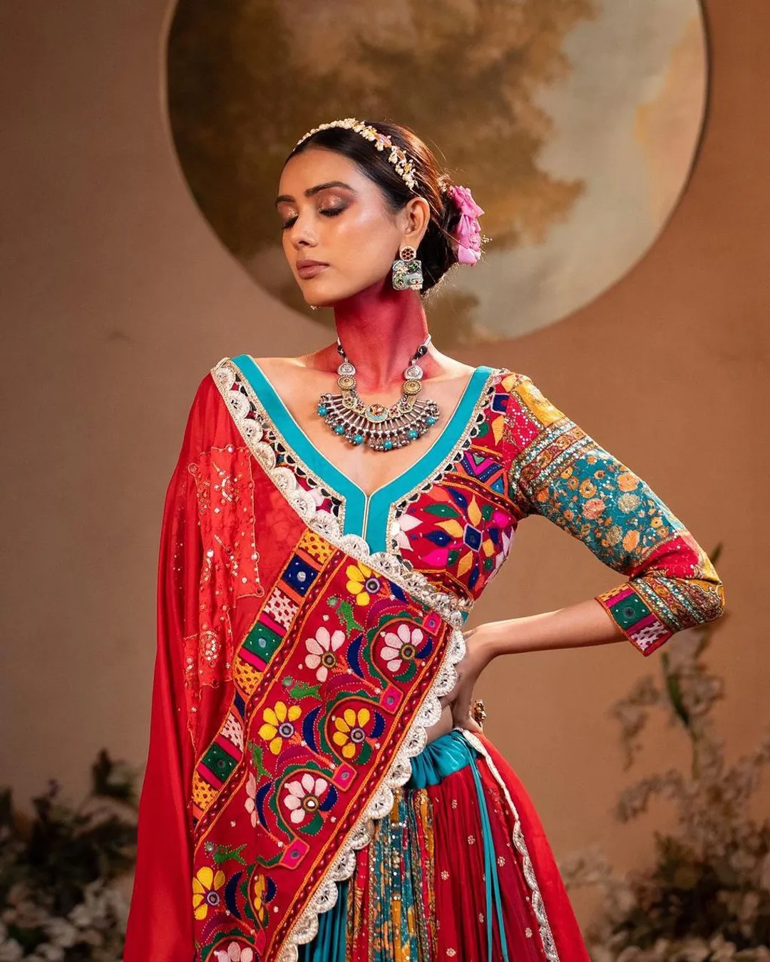 Multicolor Mirror Work Muslin Cotton Lehenga Choli Set