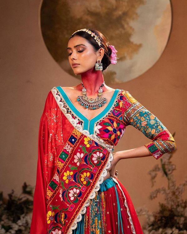 Multicolor Mirror Work Muslin Cotton Lehenga Choli Set