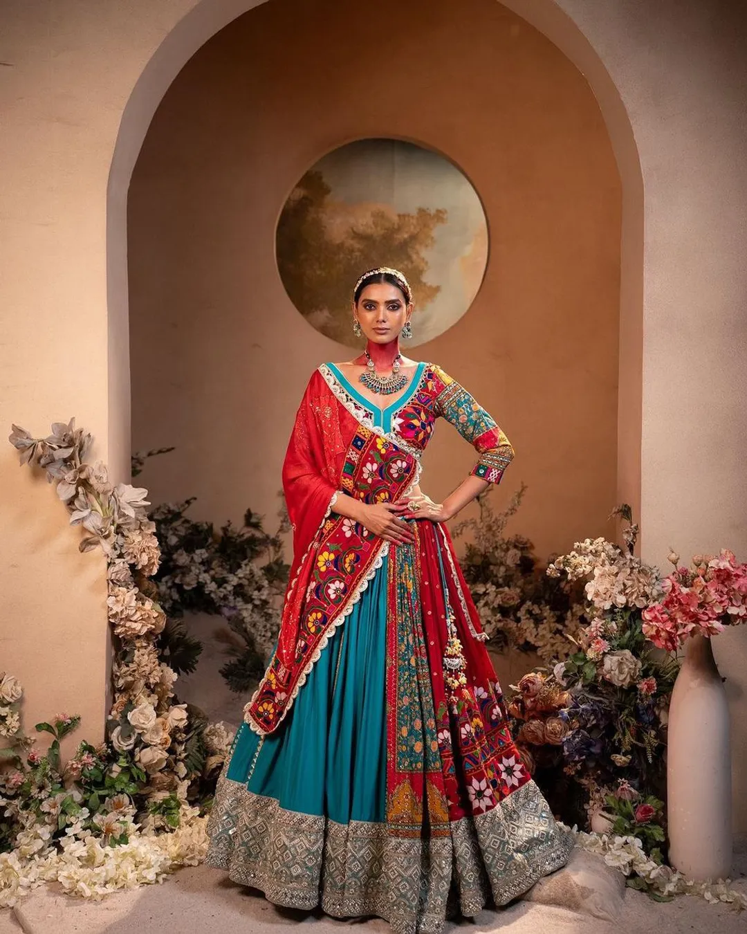 Multicolor Mirror Work Muslin Cotton Lehenga Choli Set