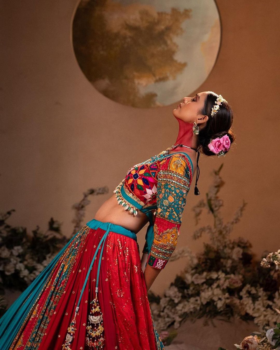 Multicolor Mirror Work Muslin Cotton Lehenga Choli Set