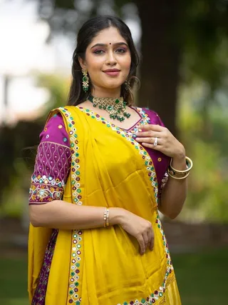 Yellow Purple Chinon Silk Mirror Work Lehenga Choli Set