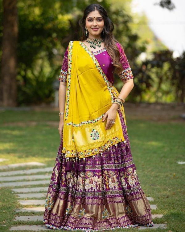 Yellow Purple Chinon Silk Mirror Work Lehenga Choli Set