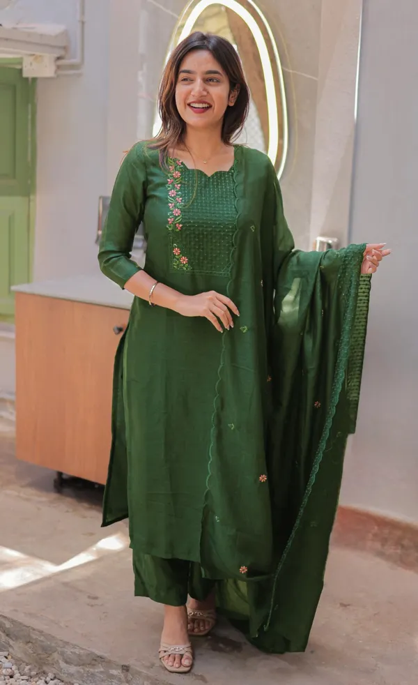 Emerald Green Cotton Kurta Set with Chanderi Dupatta