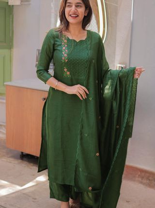 Emerald Green Cotton Kurta Set with Chanderi Dupatta