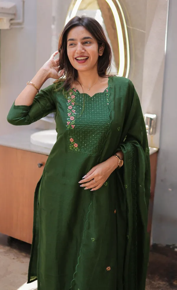 Emerald Green Cotton Kurta Set with Chanderi Dupatta